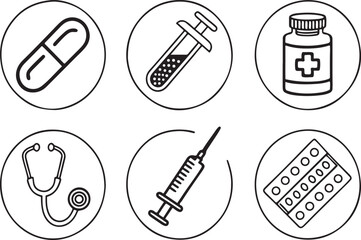 Pharmacy and Medicine line art vector icon set. Health and Medical flat black outline icons for Web and App. Editable illustration linear