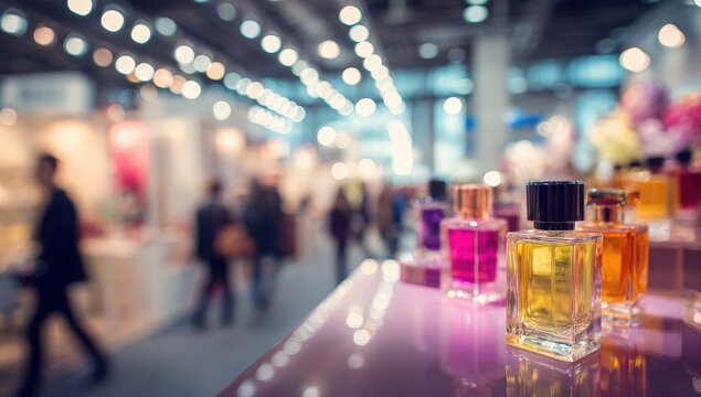 Blurred view of perfume bottles at a trade show