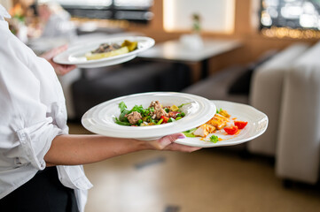Waiter serving three gourmet dishes in a modern restaurant. Plates feature grilled meat, pasta, and...