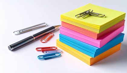 Stack of colorful sticky notes and paper clips isolated on white background school office stationery
