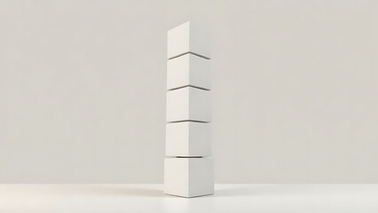Clean white product mockup five blank boxes stacked vertically against a neutral background, studio shot in minimalist style, conveying a simple and modern aesthetic.