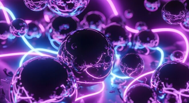 Numerous dark reflective spheres with bright neon pink and blue light - Powered by Adobe