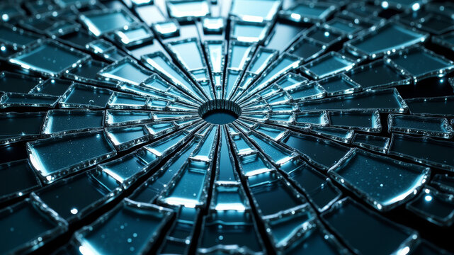 Shattered glass pattern forming circular cracked design on dark surface