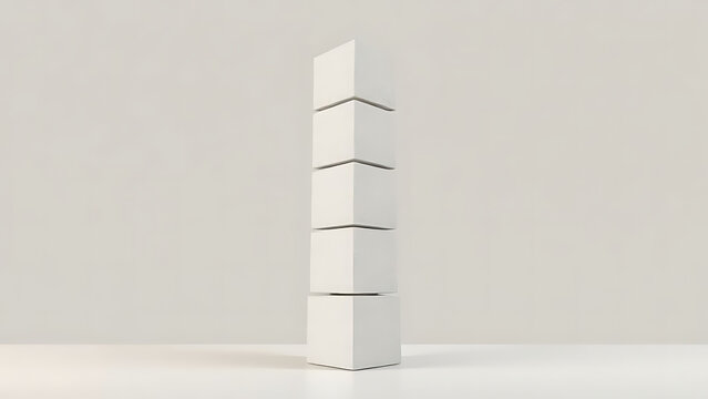 Clean white product mockup five blank boxes stacked vertically against a neutral background, studio shot in minimalist style, conveying a simple and modern aesthetic.