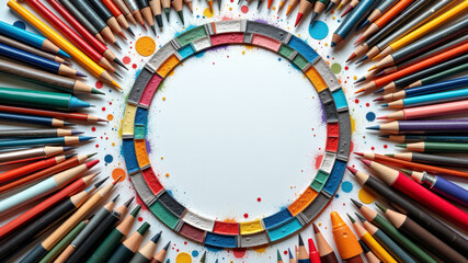 Colored pencils arranged in circular radial frame with white space center