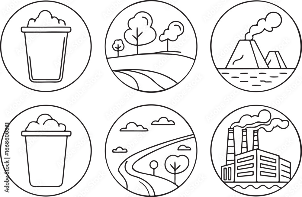 Poster pollution dustbin air river forest mill line art vector icon set. nature and environment flat black 