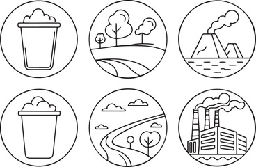 Pollution Dustbin Air River Forest Mill line art vector icon set. Nature and Environment flat black outline icons for Web and App. Editable illustration linear