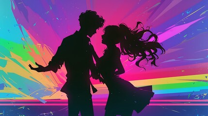 Neon silhouette of a dancing couple - Anime style