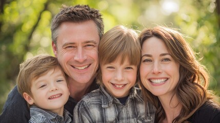 Family Portrait: A heartwarming family portrait radiates joy as two parents and their two children come together for a tender moment, bathed in the glow of natural light.