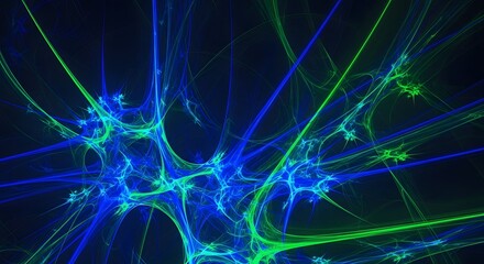 Abstract blue and green glowing lines and shapes on a dark background