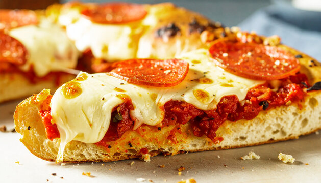Thick crust pizza slices, mozzarella cheese topped with pepperoni, macro. AI - Powered by Adobe