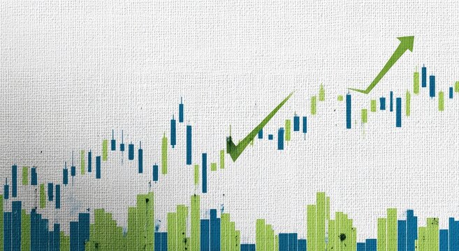 Upward trending candlestick chart with green arrow overlay on a textured white background, suggesting market growth and positive financial performance - Powered by Adobe
