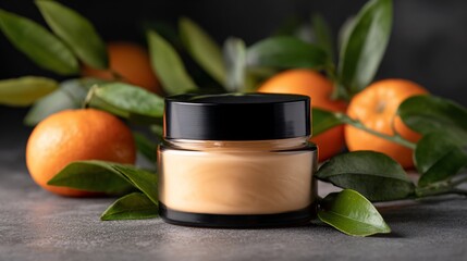 Cream jar amidst oranges and leaves on gray surface, product mockup