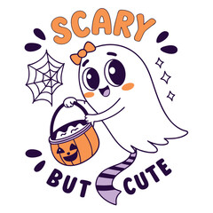 Vector art of cute ghost with candy bucket and spiderweb