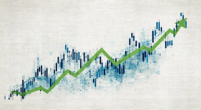An upward trending green line graph overlaid on a textured background with blue and black candlestick charts suggesting market growth