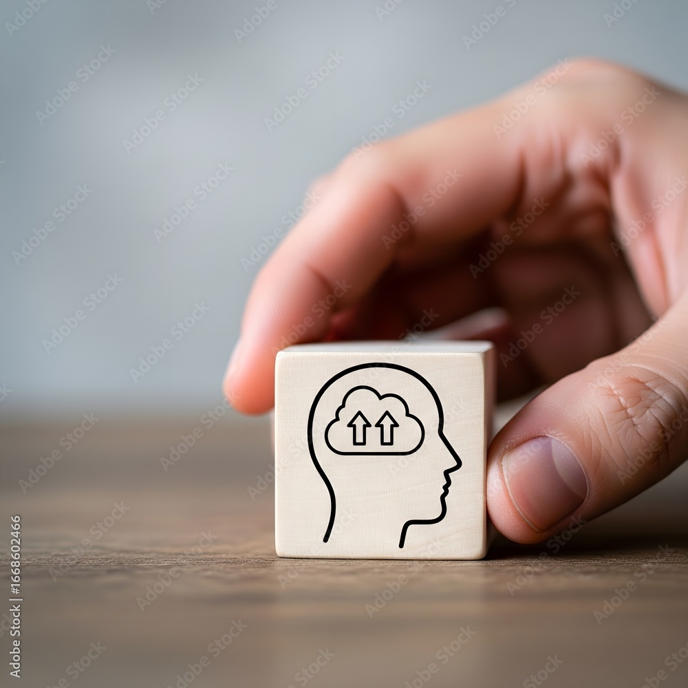 Poster hand holding wooden cube with cloud computing and human head icon symbolizing digital transformation