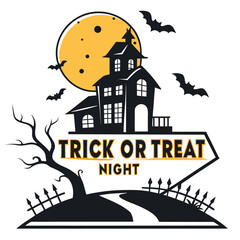 Vector art of trick or treat night with haunted house and pumpkin