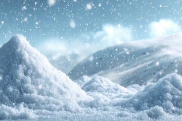 Snowy peaks and falling snow against a softly blurred, bright winter sky
