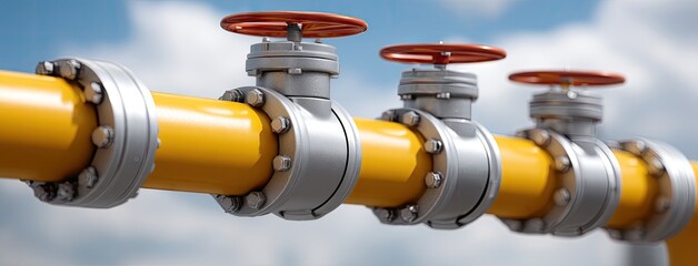 Yellow pipeline with valves and fittings against a bright blue sky during the day highlighting industrial infrastructure and construction elements