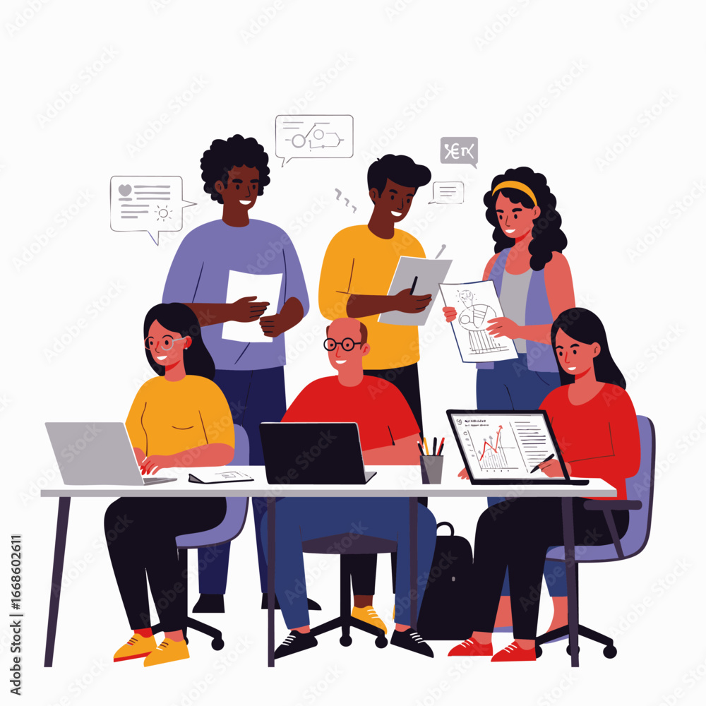 Poster a diverse team of professionals collaborates on a new project in a modern office setting, utilizing 