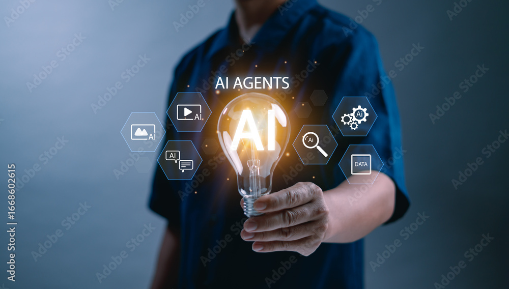 Aufkleber man holding glowing ai light bulb with virtual interface icons, representing artificial intelligence