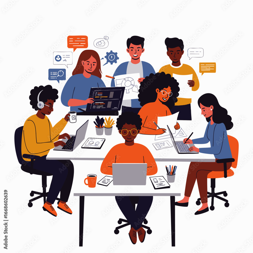 Aufkleber a diverse team of professionals collaboratively works on technology projects in a modern office envi
