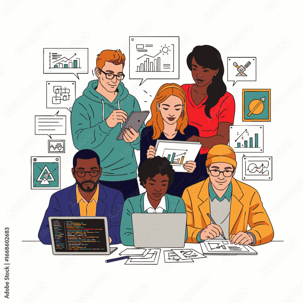 Aufkleber a diverse team of professionals collaborates on digital projects, analyzing data, coding, and design