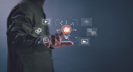 Businessman using AI agents virtual interface with futuristic icons representing artificial intelligence solutions, automation and machine learning in technology innovation