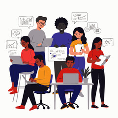 A diverse team of professionals collaborates on innovative projects, utilizing technology and data analysis to achieve shared business goals in a modern office.