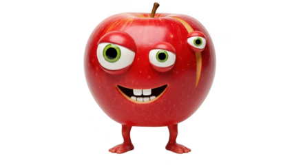 Whimsical cartoon apple character with googly eyes and tiny teeth