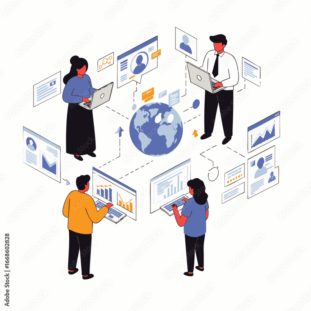 Poster an isometric illustration shows a diverse team collaborating globally through digital devices, analy