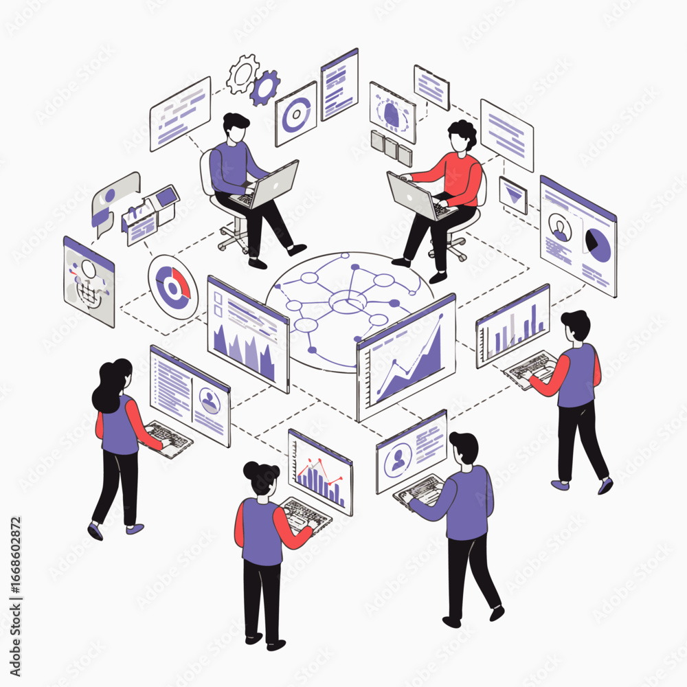 Aufkleber isometric illustration depicting a diverse team of experts collaboratively analyzing intricate data 