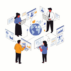 An isometric illustration shows a diverse team collaborating globally through digital devices, analyzing data and connecting online for business strategy.