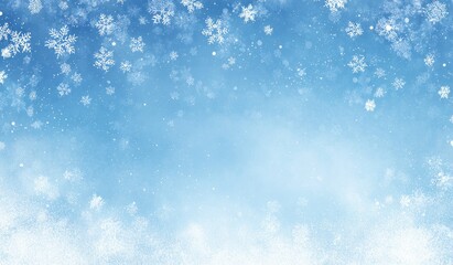 A light blue backdrop featuring numerous falling snowflakes of varying sizes, creating a wintery, snowy effect with a hazy, blurred center