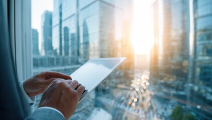 Hands on tablet, city view