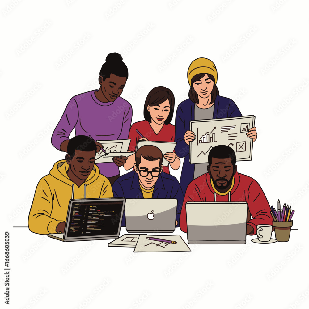 Poster a diverse team of professionals collaborates on a project, utilizing laptops and analyzing data in a