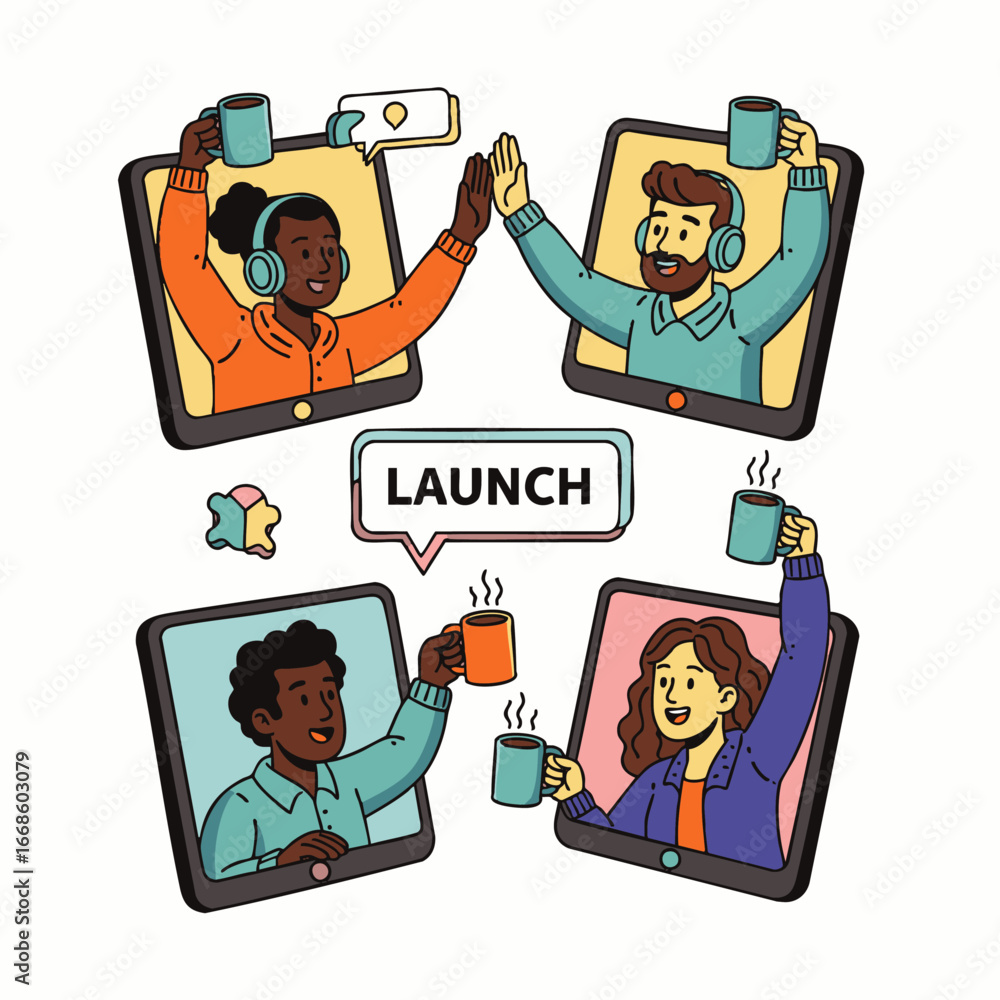 Poster a diverse team celebrates a successful product launch virtually, collaborating remotely through scre
