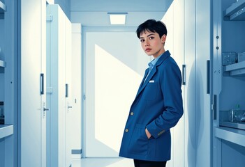 Conservation lab coordinator standing confidently near closed equipment cabinet doors