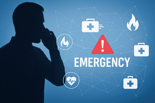 A silhouette of a person on the phone against a blue background, featuring emergency icons like fire, medical kits, and a warning symbol.