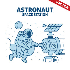 Astronaut working on the space station solar panel, space exploration theme, vector outline graphic illustration. © Aryanto