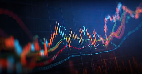 Abstract, dynamic stock market chart displaying fluctuating lines and data points in vibrant orange, red, and teal hues against a dark blue grid background