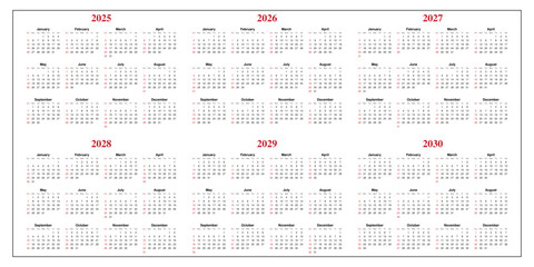 Minimalist 6-Year Calendar 2025, 2026, 2027, 2028, 2029, 2030 with Sunday Start – Clean Grid Layout for Long-Term Planning and Scheduling