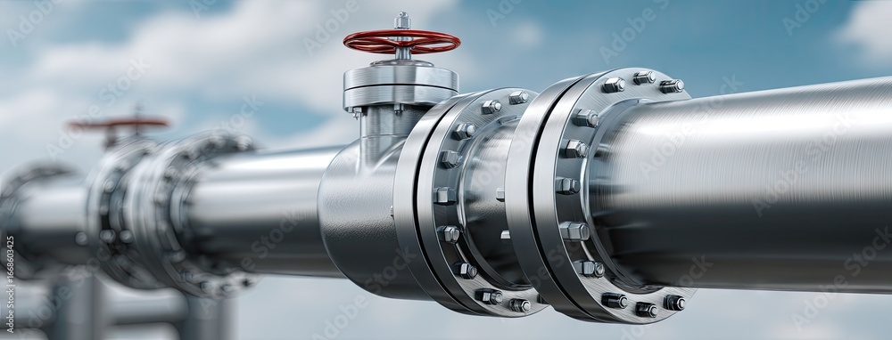 Poster close-up view of industrial pipeline with valves under a clear sky during daylight hours showcasing 