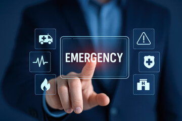 A person touches a digital interface displaying emergency icons, emphasizing urgent medical response and safety measures in a professional setting.