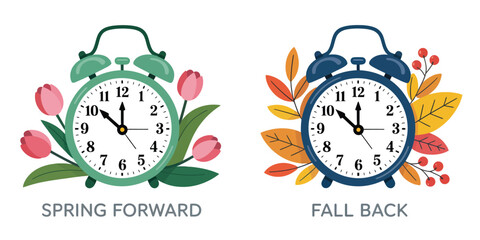Daylight Saving Time Concept Banner,  Alarm Clock with Flowers and Leaves, Spring Forward Fall Back