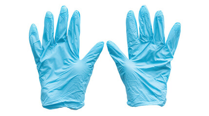 Pair of disposable gloves in light blue arranged isolated on a Transparent background, PNG file.
