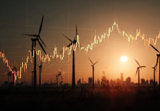 Silhouette of wind turbines at sunset overlaid with a fluctuating stock market graph, depicting the intersection of renewable energy and finance