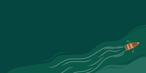An illustration of a small boat sailing on green ocean water with flowing wave lines and large empty space symbolizing travel, adventure, and marine exploration suitable for landscape design