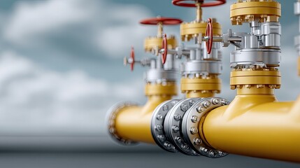 Industrial gas pipeline system with valves and yellow segments under cloudy sky during daylight hours