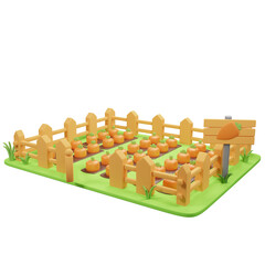 Carrot garden, Cute rural land, Farm in the countryside, and garden - 3D render